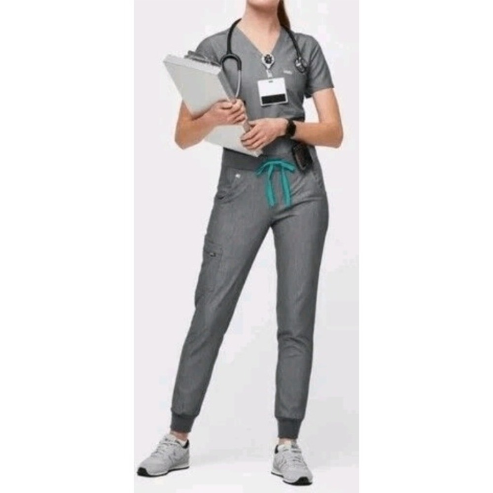 Figs Women's Gray Jogger Scrub Pants with Teal Drawstring size Large